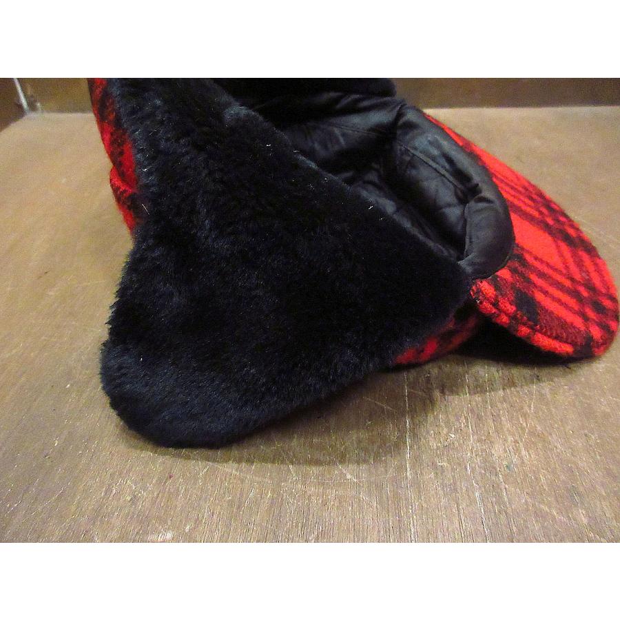 ビンテージ70's80's○Eddie Bauer耳当て付きチェックウールキャップ赤