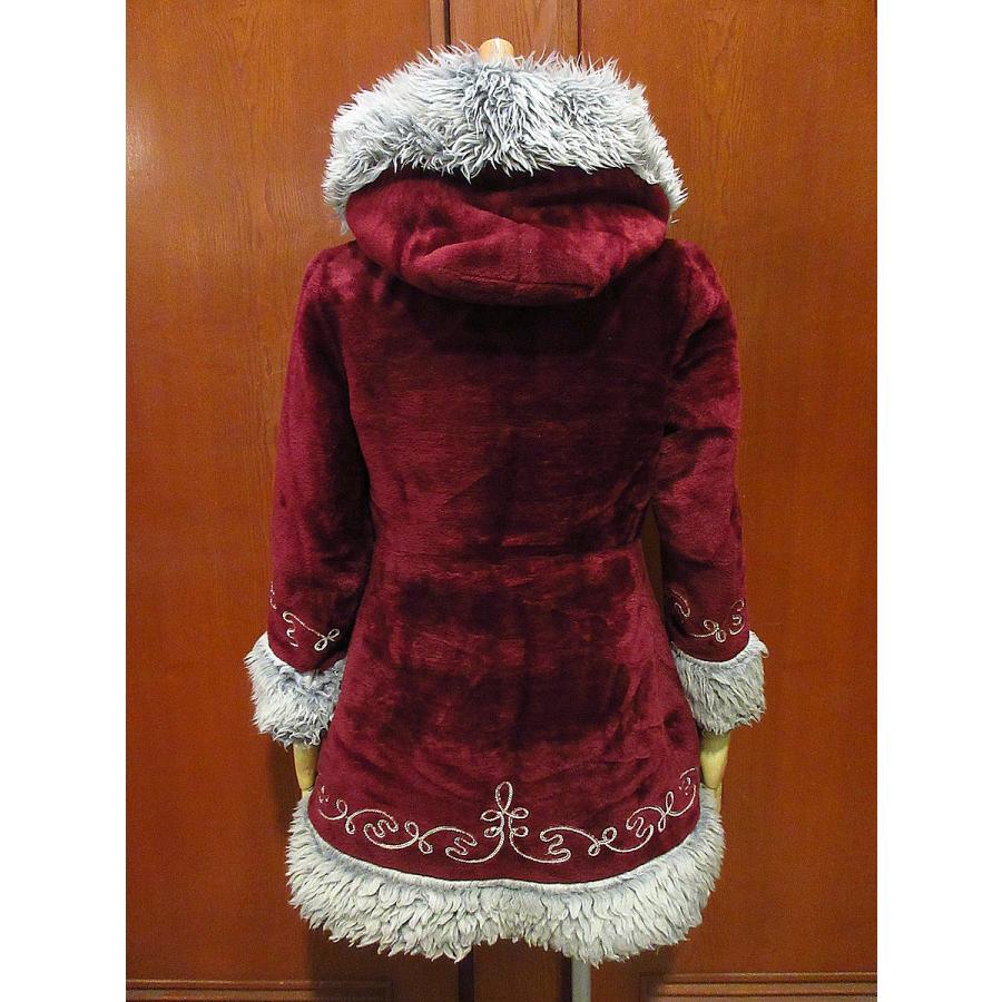 ビンテージ70's○レディースフード付き刺繍フェイクファーコートワイン