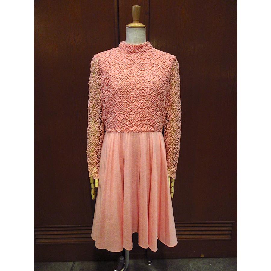 アンティーク ビンテージ 花柄 70s USA レース 長袖ワンピース ドレス ビンテージ70's○花柄レース長袖ワンピースピンク○220914c2-w-lsdrs