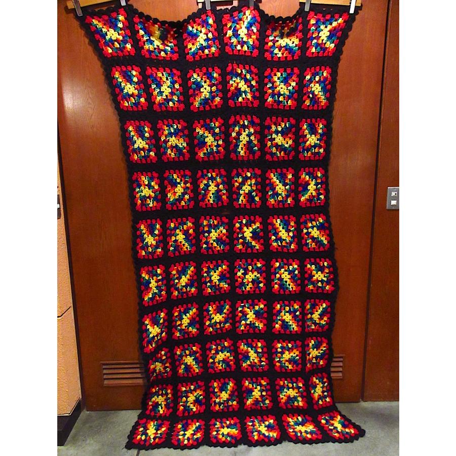 古着 ビンテージ 80s 鍵網 パステル ブランケット キャンプ ラグ 敷物 雑貨 古着 70s カラフル マルチ スクエア クロシェ ニット