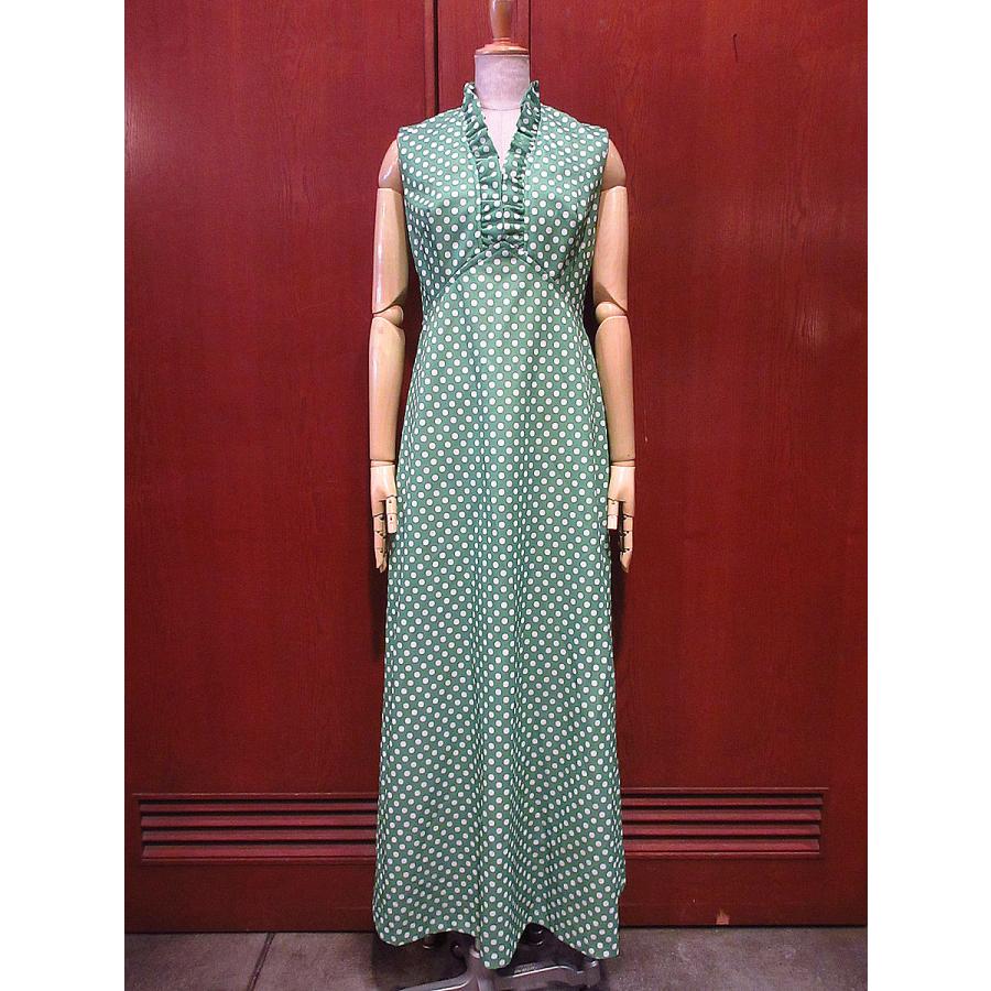 ビンテージ70's○ドットノースリーブワンピース黄緑×白size 12