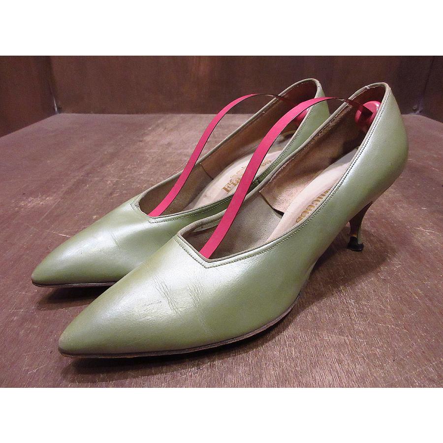 ビンテージ50's○Fianceesレザーパンプス黄緑○240513i2-w-pmp-25cm