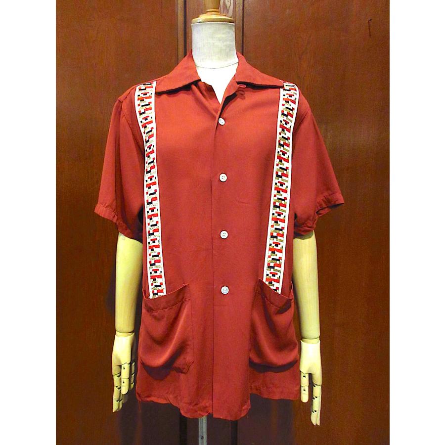 ビンテージ50's○装飾付きレーヨン半袖ループカラーシャツ臙脂size S
