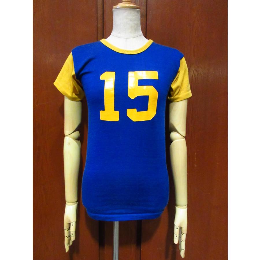 ビンテージ60's○ツートンアスレチックプリントTシャツ黄×青size L