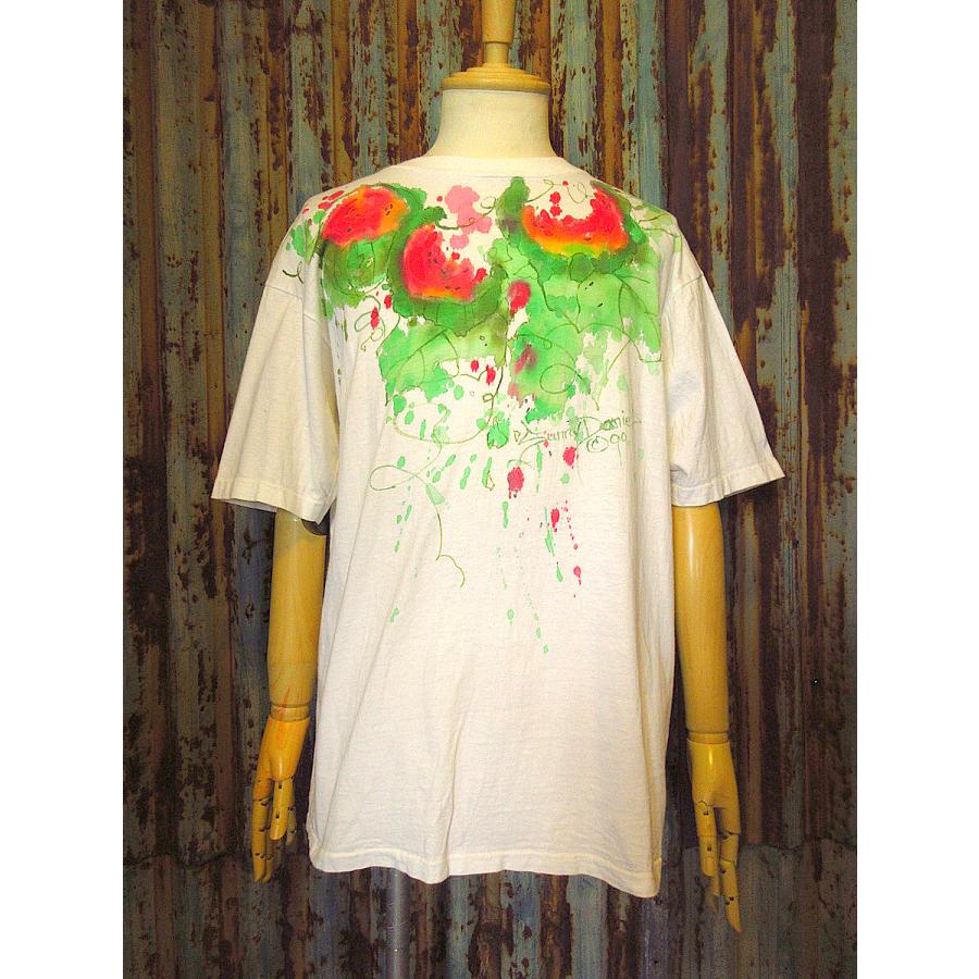ビンテージ90's○スイカアートハンドペイントコットンTシャツ白size XL