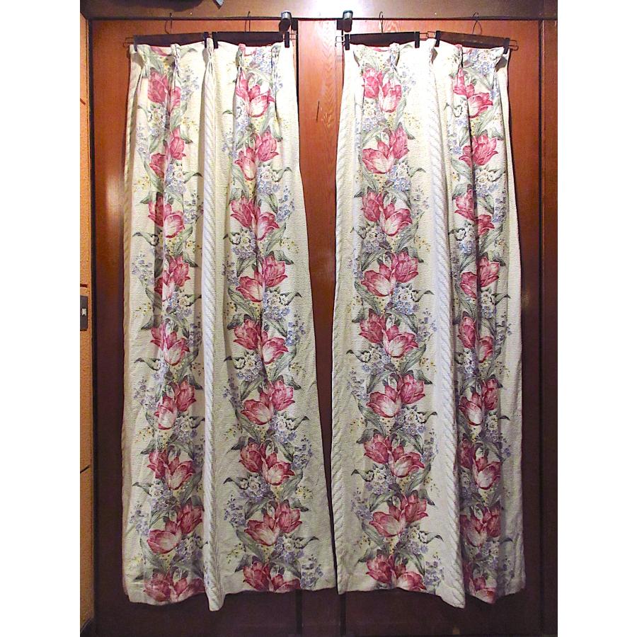 ビンテージ40's50's○バーククロス花柄カーテン2点セットsize 約196cm
