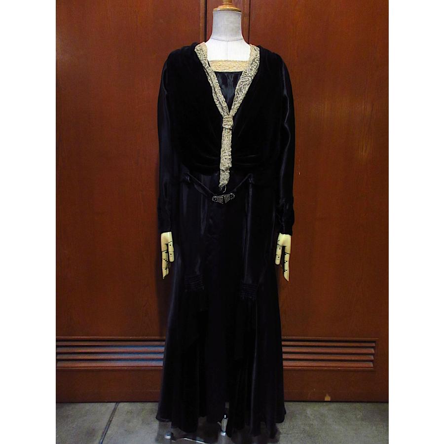 ビンテージ~1900's○ベロア×サテンヴィクトリアン長袖ワンピース黒