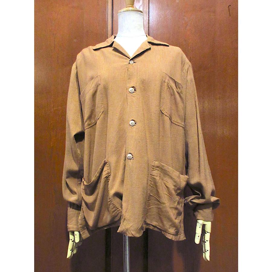 ビンテージ50's○ネップ織りリネン長袖ループカラーシャツ茶○251028m5