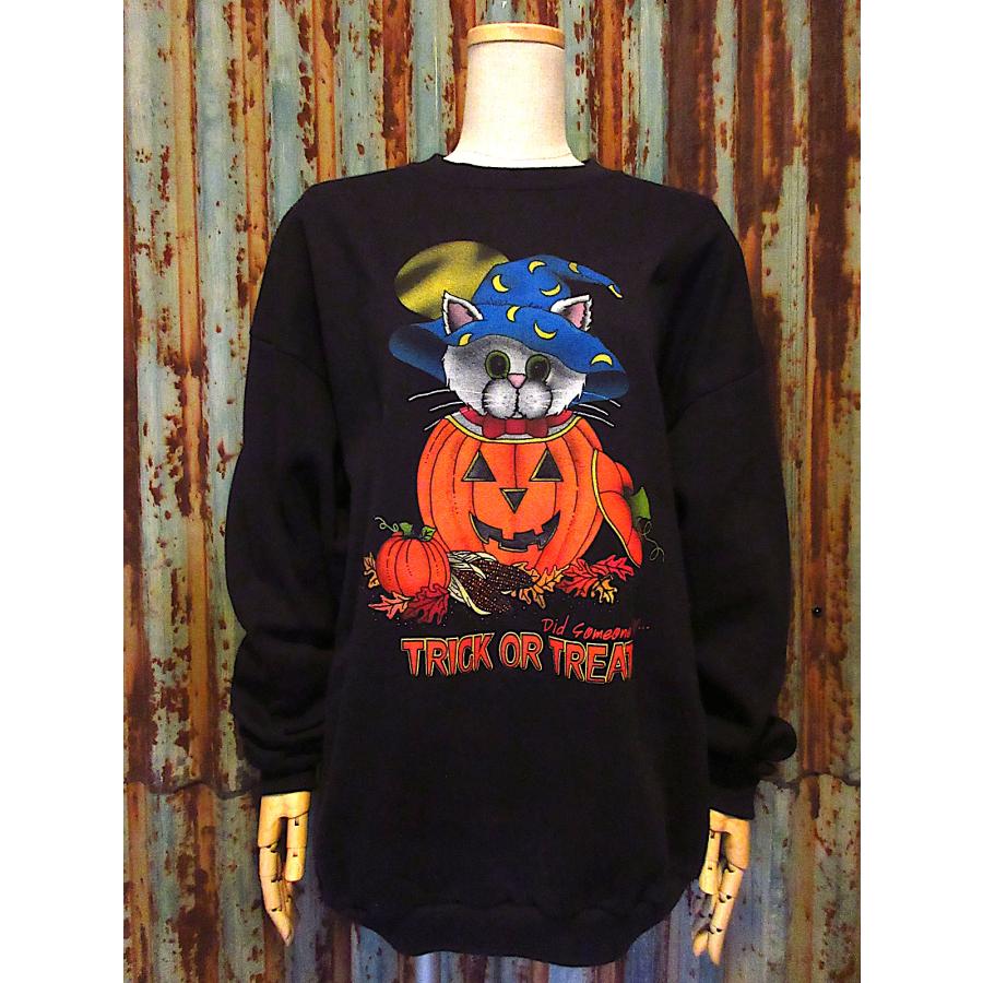【最高モデル】90s 古着 Disney Vintage ハロウィン スウェット ビンテージ90's○TULTEX Halloween Cat Pumpkin裏起毛スウェット黒size