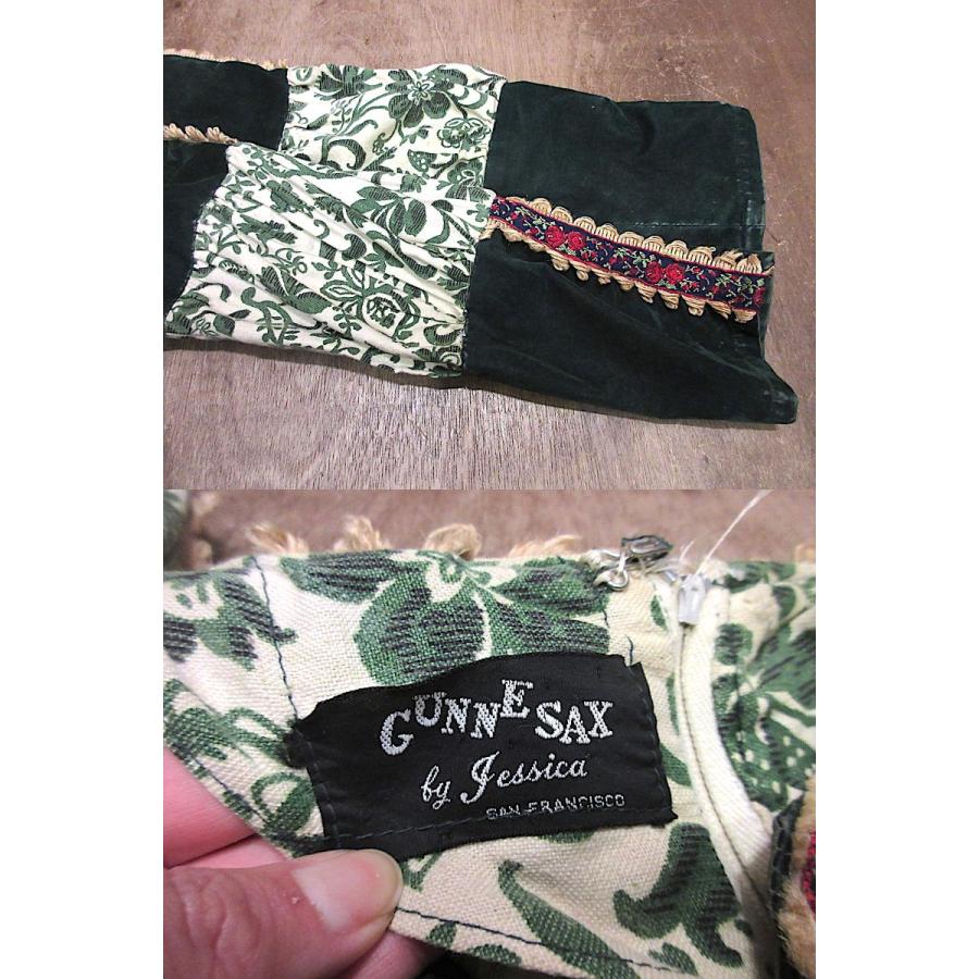 ビンテージ60's○GUNNE SAX花柄ベロア切り替え長袖ワンピース緑× 生成