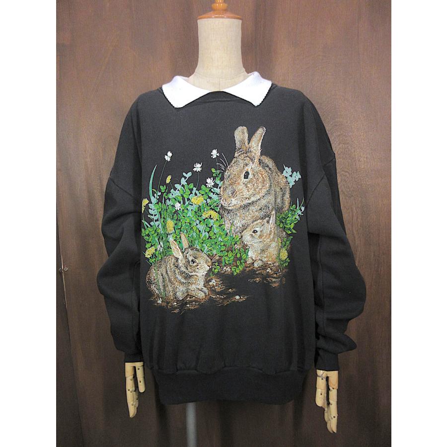 ビンテージ90's○レイヤードネックラビットプリントスウェット黒size