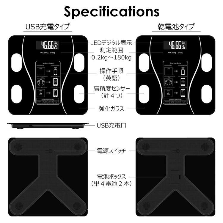 体重計 スマホ連動 安い 体脂肪 usb充電 乾電池 Bluetooth 高精度 体重 水分率 骨量 基礎代謝 内臓脂肪 BMI 体重管理 iOS Android 父の日｜cradlekobe｜15