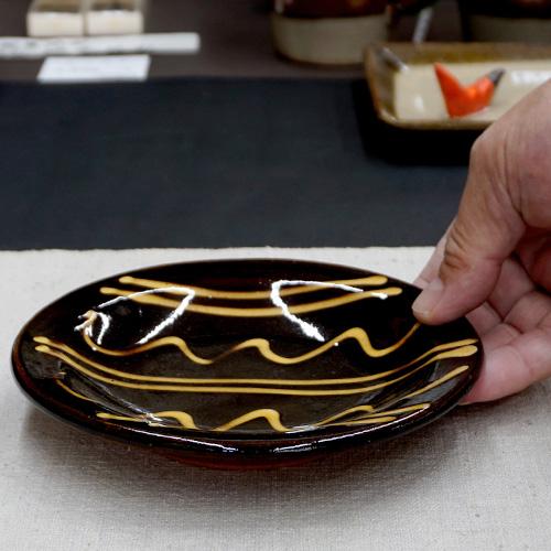 和食器 布志名焼 湯町窯 中皿 15cm 浪紋黄釉 濃茶 : うつわの店