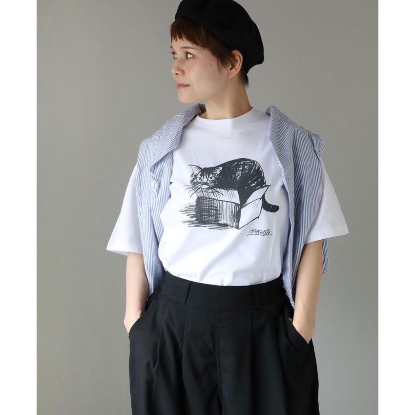 HARVESTY(ハーベスティ) イワサトミキ プリントボックス Tシャツ CAT-1 レディース /岡山 倉敷 児島 定番服 ブランド イラスト 半袖 ゆったり 猫 シンプル 春 夏の画像
