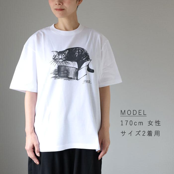 HARVESTY(ハーベスティ) イワサトミキ プリントボックス Tシャツ CAT-1 レディース /岡山 倉敷 児島 定番服 ブランド イラスト 半袖 ゆったり 猫 シンプル 春 夏の画像