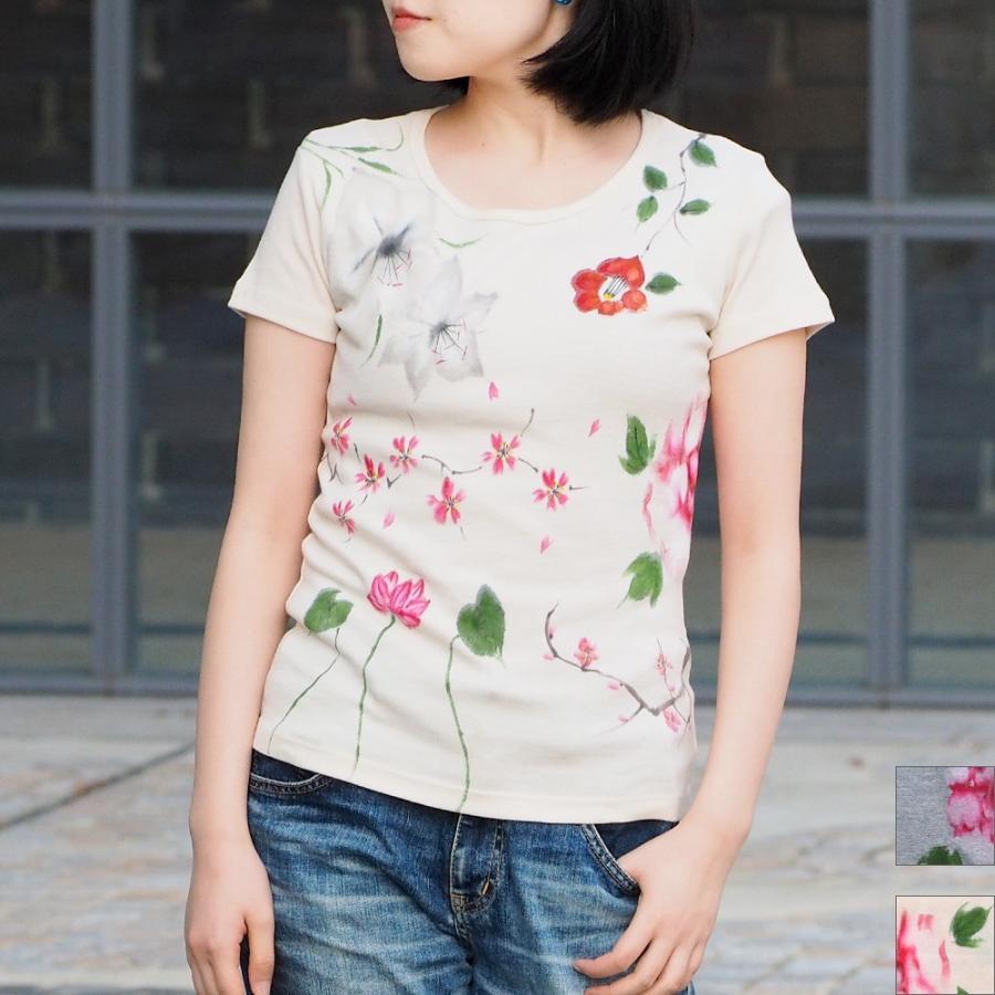 手描き 友禅 和柄 百華 Tシャツ 半袖 レディース 碧 あお : クラフト 