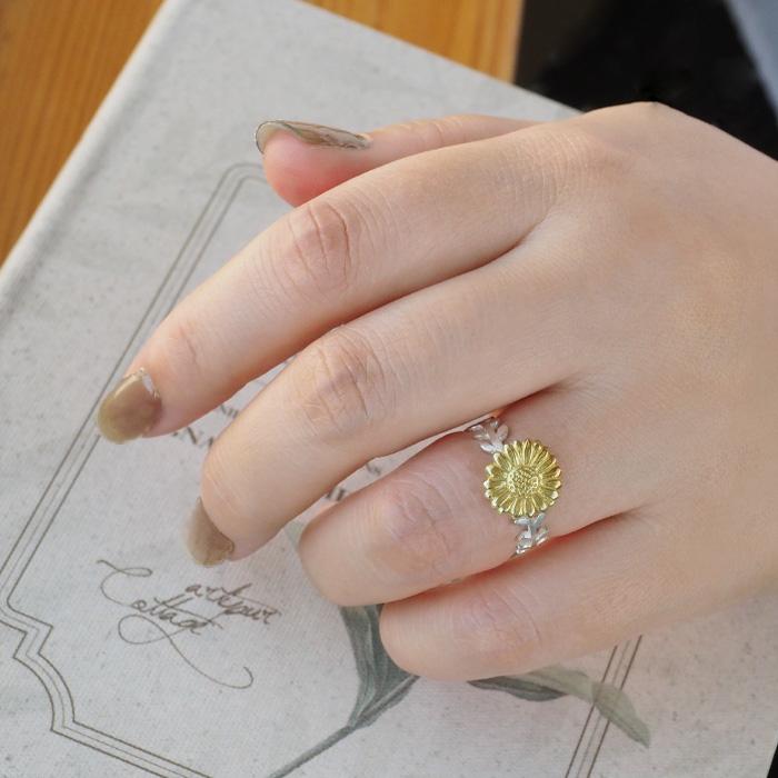 希少品 ハイジュエリー 925シルバー デイジー リング 金蕊デイジー925シルバーリングメス中空フラワーチェーンニッチ