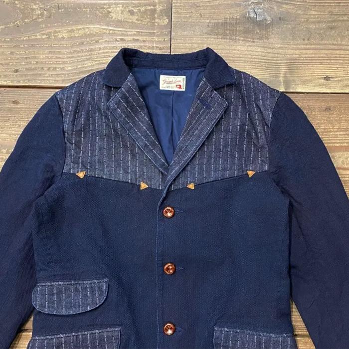 グラフゼロ 斜子織り×刺子切り替え デニムテーラードジャケット インディゴ L graphzero(グラフゼロ) 斜子織り×刺子切り替え デニムテーラード