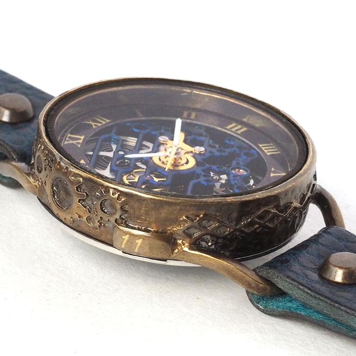 KINO（キノ） 手作り 腕時計 自動巻き 裏スケルトン メカニックブルー 真鍮ケース /メンズ レディース 青 文字盤 おしゃれ 牛革 レザー ベルト K-15-MBL-BR｜craftcafe｜06