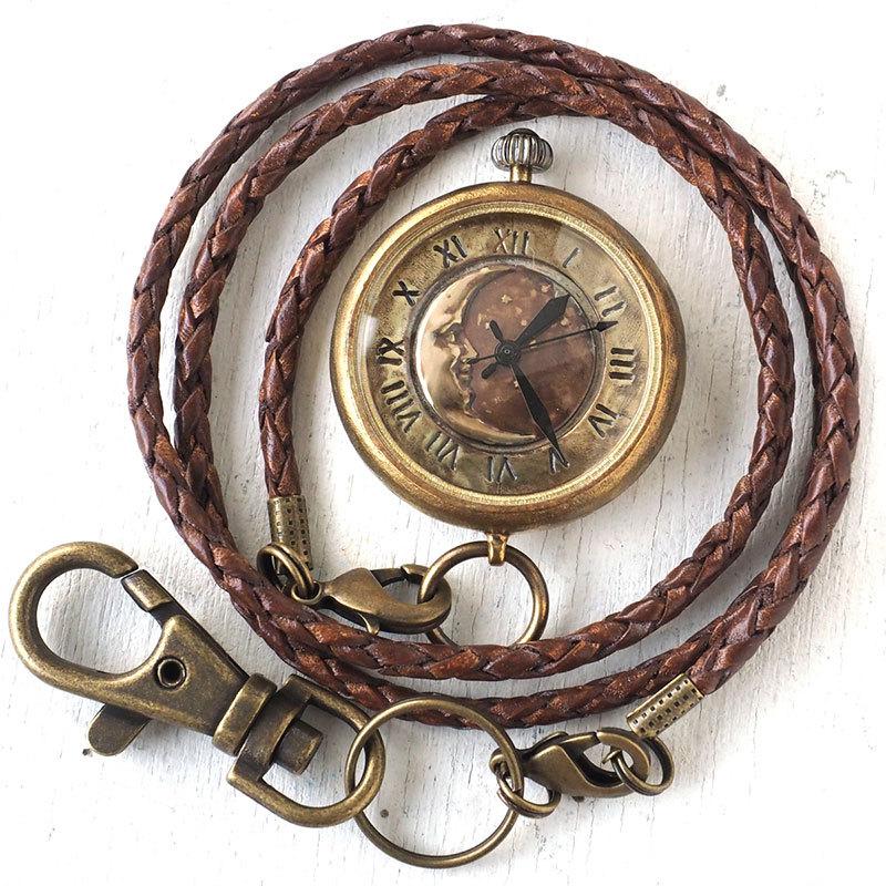 税込 手作り懐中時計 ハンドメイド 渡辺工房 Crescent Moon Mb メンズブラス 甲丸ケース レディース ユニセックス メンズ 革紐チェーン 男女兼用