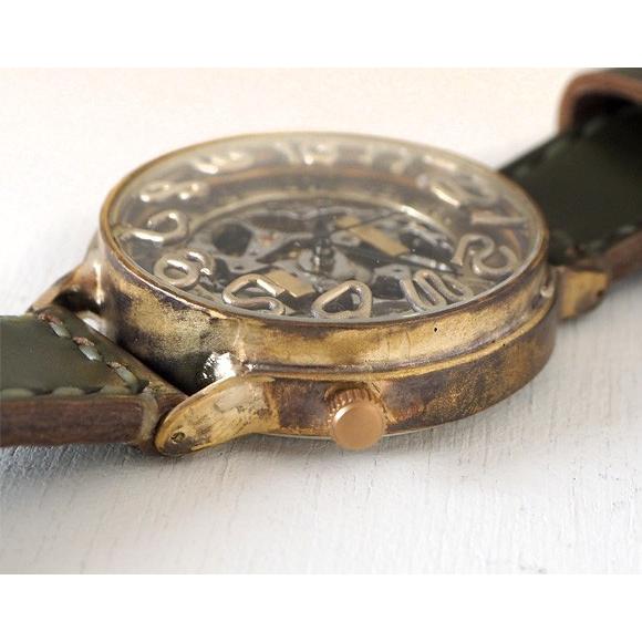 手作り腕時計 ハンドメイド 渡辺工房 自動巻き 裏スケルトン 42mm ジャンボブラス 手縫いベルト/メンズ レディース ユニセックス 男女兼用 ペア ペアウォッチの画像