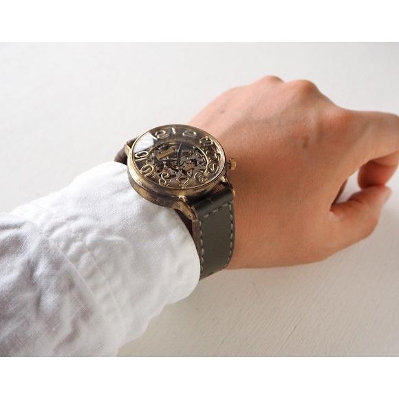 【渡辺工房】 スケルトン式ブラウンレザー腕時計 手作り腕時計 ハンドメイド 渡辺工房 自動巻き 裏スケルトン 42mm