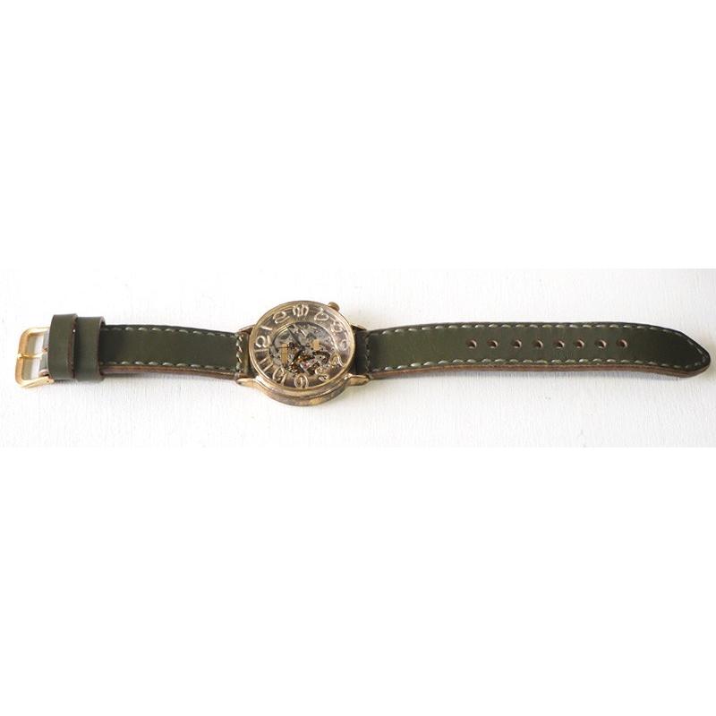 手作り腕時計 ハンドメイド 渡辺工房 自動巻き 裏スケルトン 42mm ジャンボブラス 手縫いベルト/メンズ レディース ユニセックス 男女兼用 ペア ペアウォッチの画像