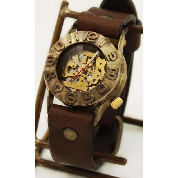 【渡辺工房】 スケルトン式ブラウンレザー腕時計 手作り腕時計 ハンドメイド 渡辺工房 手巻き式 裏スケルトン 立体