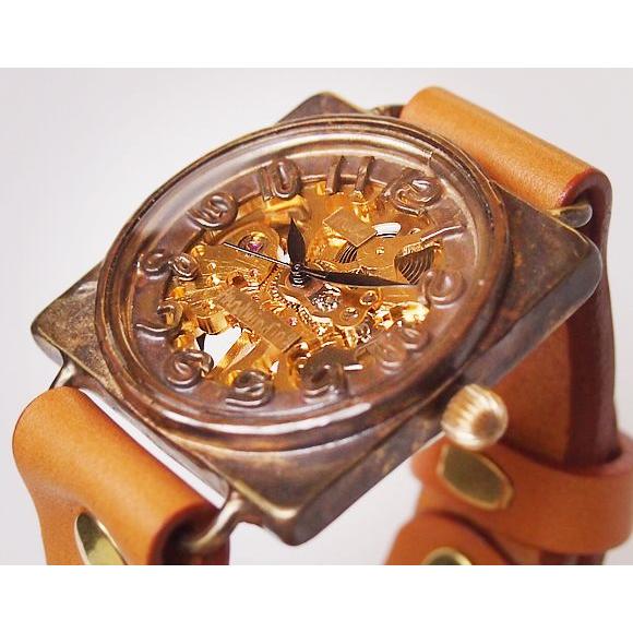 手作り腕時計 ハンドメイド 渡辺工房 手巻き式 裏スケルトン スクエア