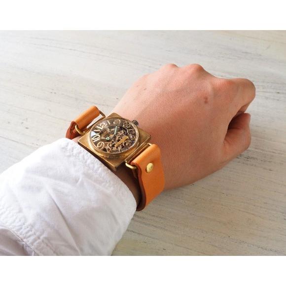 【渡辺工房】 スケルトン式ブラウンレザー腕時計 渡辺工房】 スケルトン式ブラウンレザー腕時計 渡辺工房 手作り腕時計