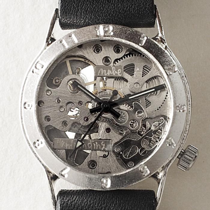 稼働✨ 渡辺工房　腕時計　スケルトン　シルバー刻印　ハンドメイド　自動巻き 手作り腕時計 ハンドメイド 渡辺工房 手巻き式 裏スケルトン