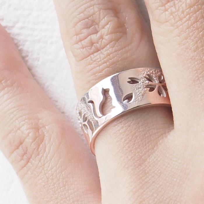 エス 和柄 アクセサリー 霞桜×猫 平打ちリング 透かし彫 8mm幅 ピンク