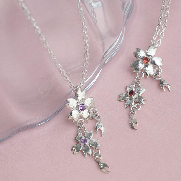 2種】エス 桜ネックレス シルバー925 石入り 桜2つタイプ レディース