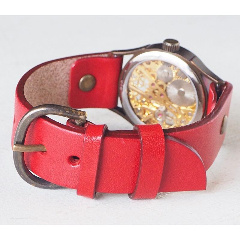 vie　ハンドメイドウォッチ　腕時計　ヴィー　牛皮ブレスレット　赤　黒　クォーツ vie ハンドメイドウォッチ 腕時計 ヴィー 牛皮ブレスレット 赤 黒