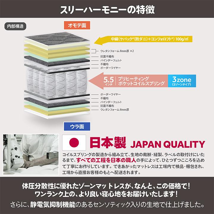 日本製 ポケットコイル マットレス セミシングルショート スリーハーモニー Craftia クラフティア 国産 高品質 ベッドマットレス |  | 02