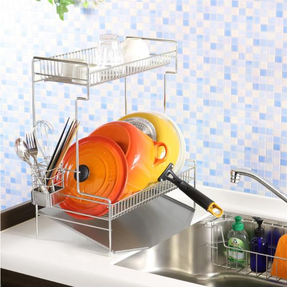 川口工器　２段水切りラック Amazon｜川口工器 頑丈2段水切りラック ワイド 横置き (流れる