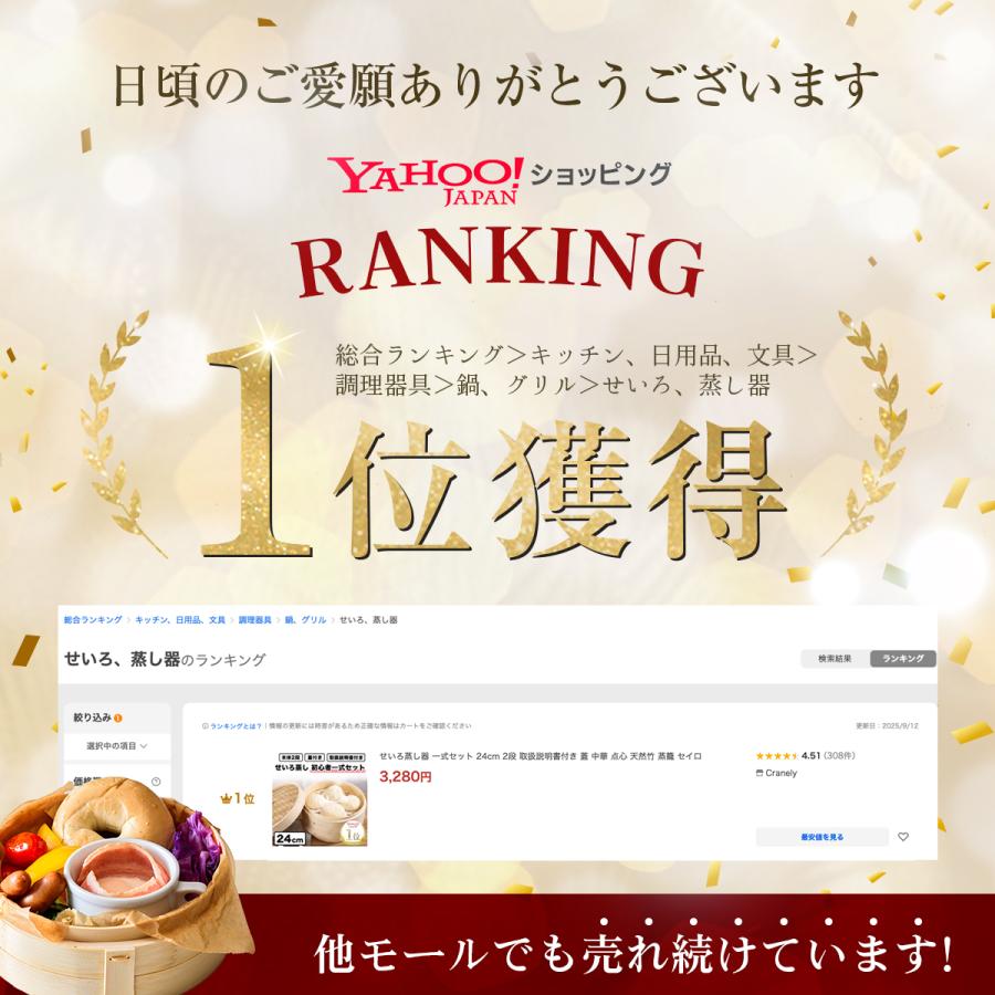 せいろ蒸し器 一式セット 24cm 2段 取扱説明書付き 蓋 中華 点心 天然