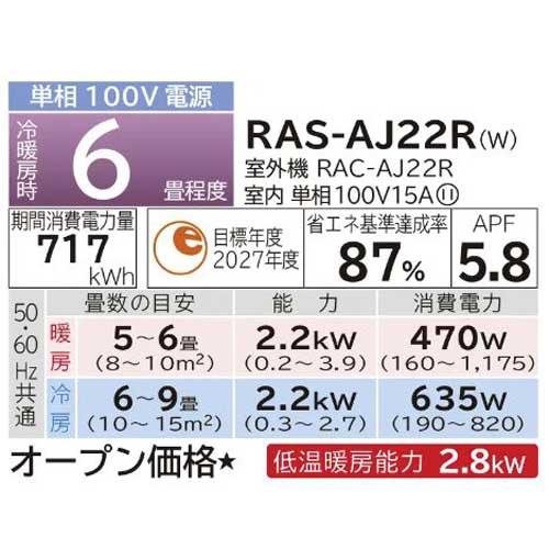 HITACHI ルームエアコン AJシリーズ RAS-AJ22R 6畳 白くまくん HITACHI ルームエアコン AJシリーズ RAS-AJ22R 6畳 白くまくん