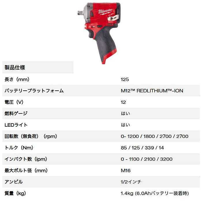 ミルウォーキー M12 FUEL 1/2インチ339Nmインパクトレンチ FIWF12-0C 