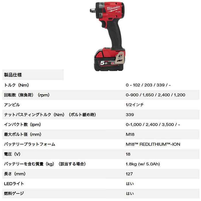 ミルウォーキー M18 FUEL 1/2インチ 339Nm インパクトレンチ（充電器 