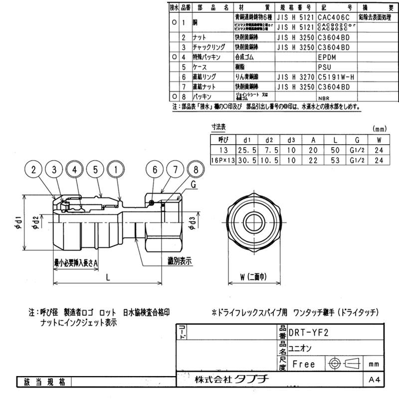 クリックポストでお届け】タブチ ワンタッチ継手 DRT13-YF2. ドライ 