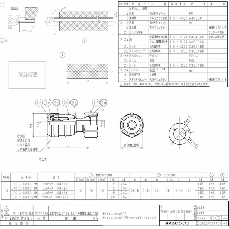 タブチ エコパック UPC13-10ECO. 20mワンタッチ継手/ドライタッチ 呼び