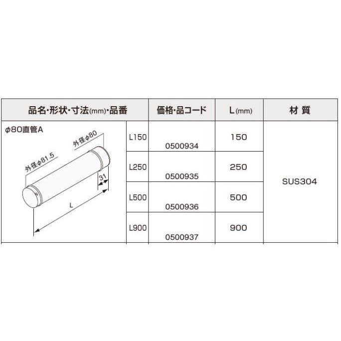 ノーリツΦ80直管A L250 0500935 石油給湯機部材 NORITZ 給排気筒部材
