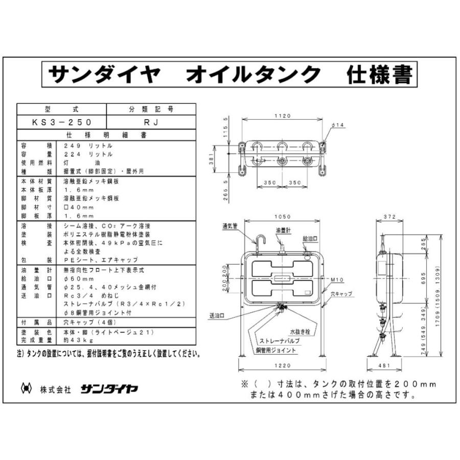 法人限定販売 サンダイヤ オイルタンク KS3-250RJ 壁寄りタイプ（脚高