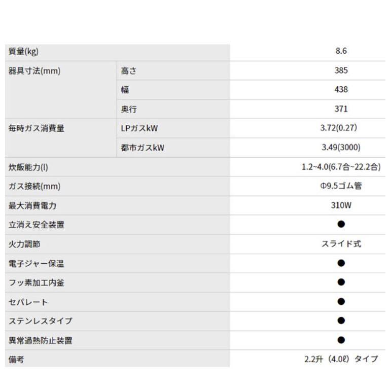 パロマ 業務用炊飯器 電子ジャー付 PR-4200S フッ素内釜 4.0L 2.2升 25750 LPG・12A13A セパレート 連続放電点火 炊飯器 炊飯専用 Paloma｜craseal｜02