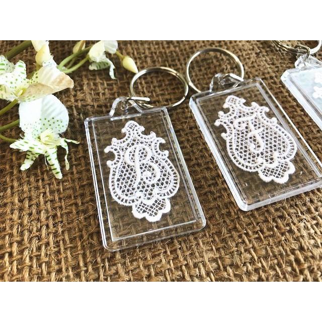 専用♡**くしゅくしゅレース♡アレンジカード/イニシャルモチーフ** Crea◇スイスレースモチーフ 長方形キーホルダー イニシャルエンブレム