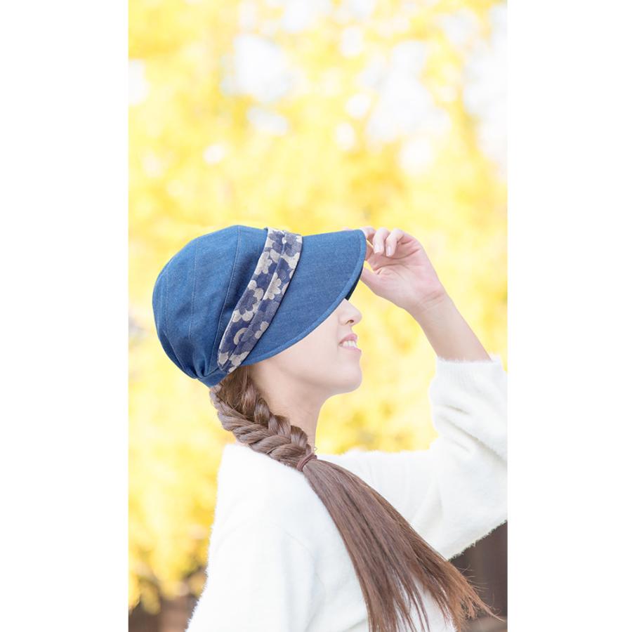 岡山デニム 帽子 レディース ハット 日本製 花柄 UV 紫外線カット