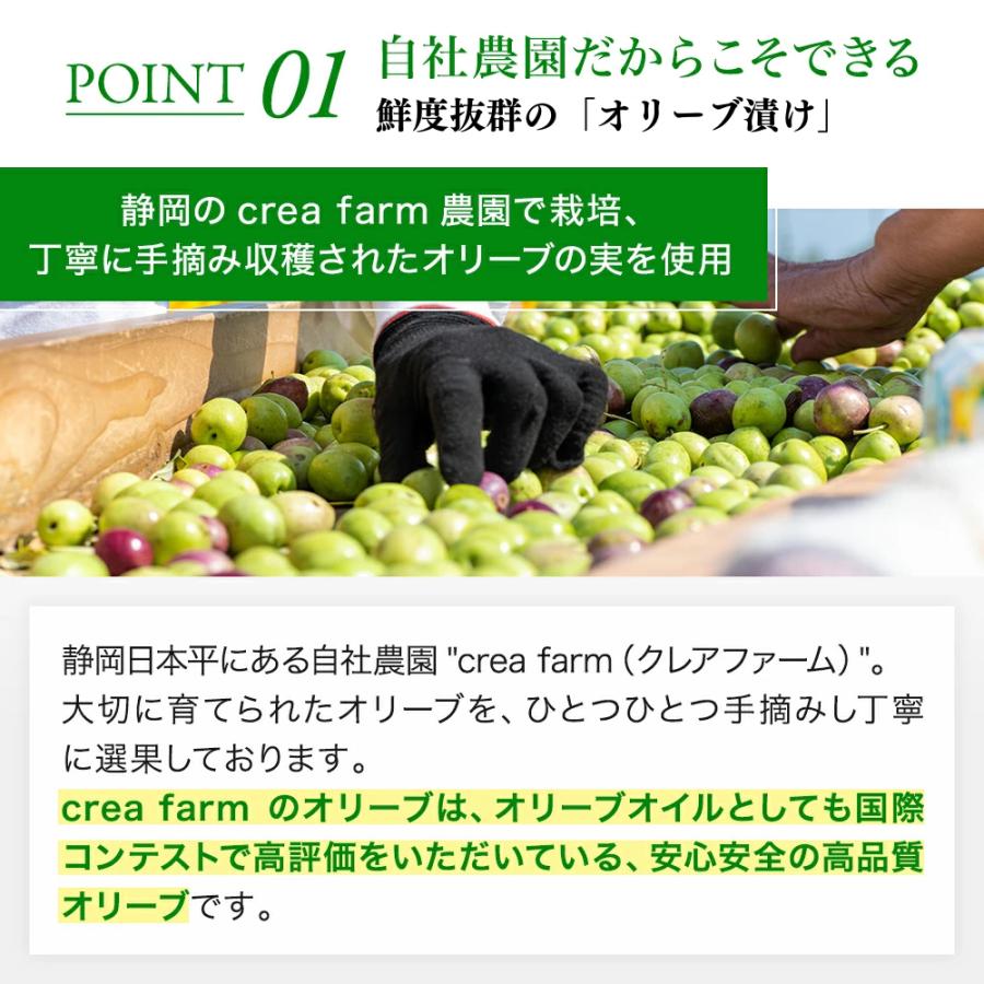 2025年収穫静岡産 オリーブ漬け 80g パウチタイプ グリーン オリーブ 新漬け 新漬 実 浅漬 塩漬 浅漬 自社農園 国産 ピクルス テーブルオリーブ | crea table | 04
