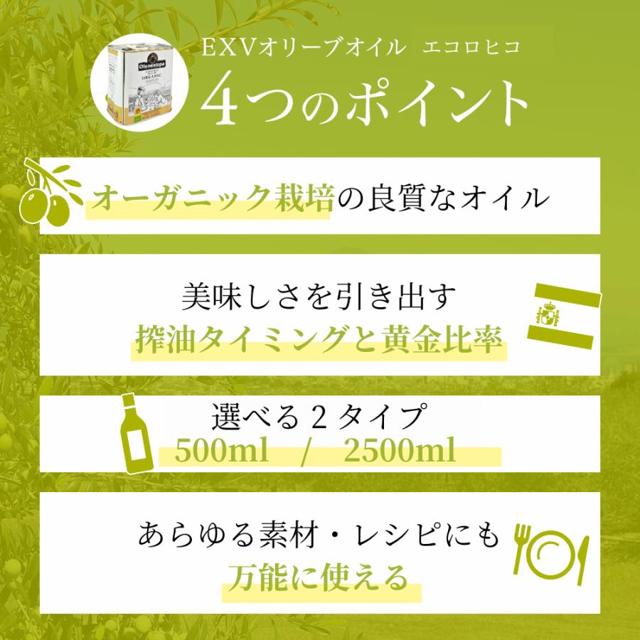 JAS認証 オーガニック オリーブオイル エコロヒコ 有機 エキストラバージン オリーブオイル 500ml 2本セット オレオエステパ スペイン 業務用 当店限定販売 | Oleoestepa | 02