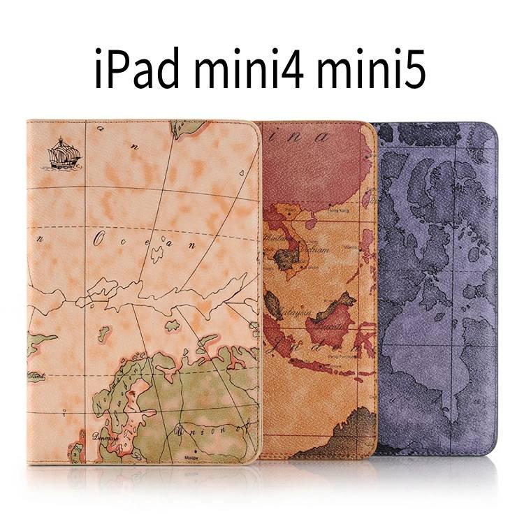 レビュー記入で送料無料 メール便発送 新作入荷 Ipad Mini 4 スマートケース スリープ機能付け Cover 地図柄 Mini4 Case ケース Puレザーケースカバー